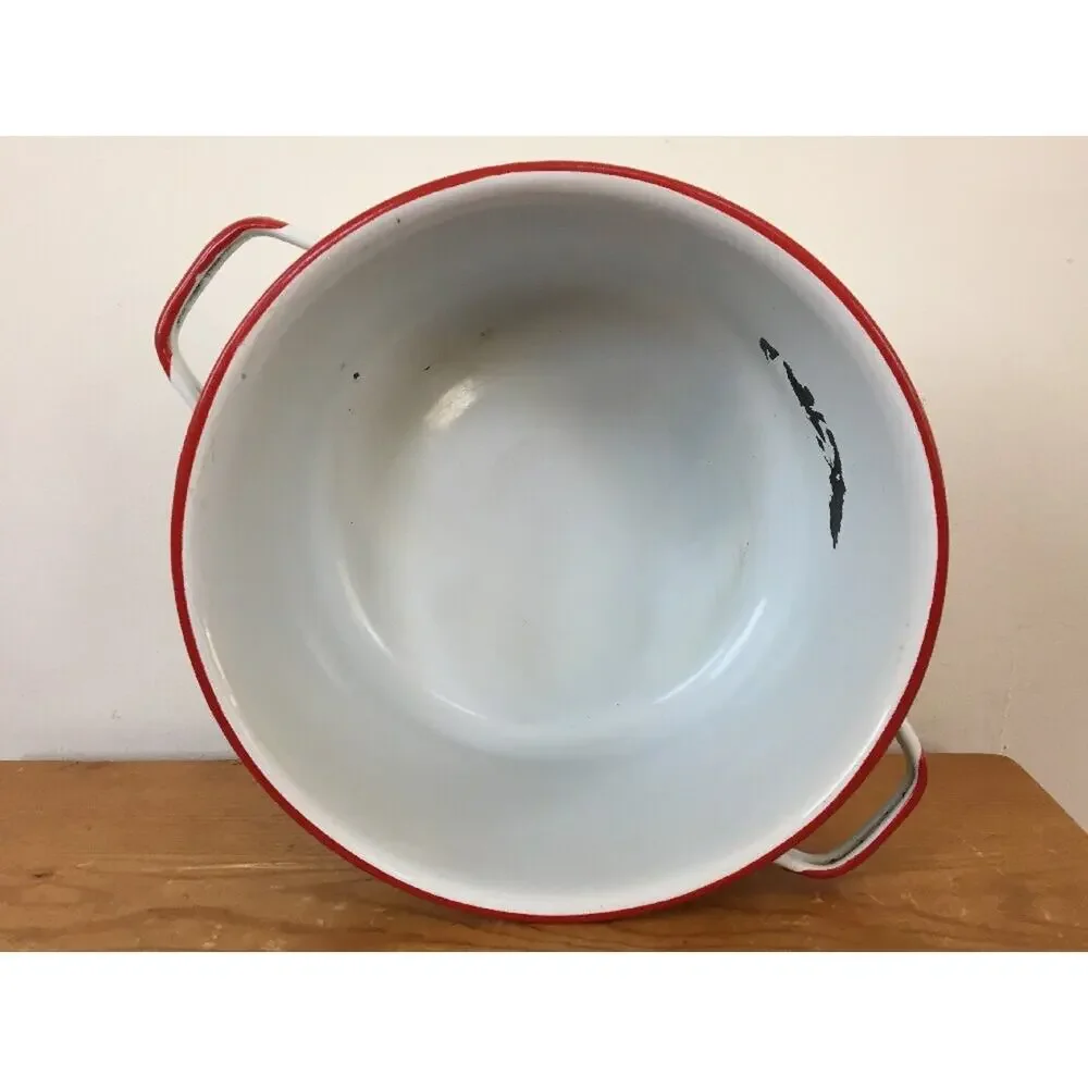 Vintage Antique White Red Enamelware Stock Soup Sauce Cooking Pot NO LID 9.5